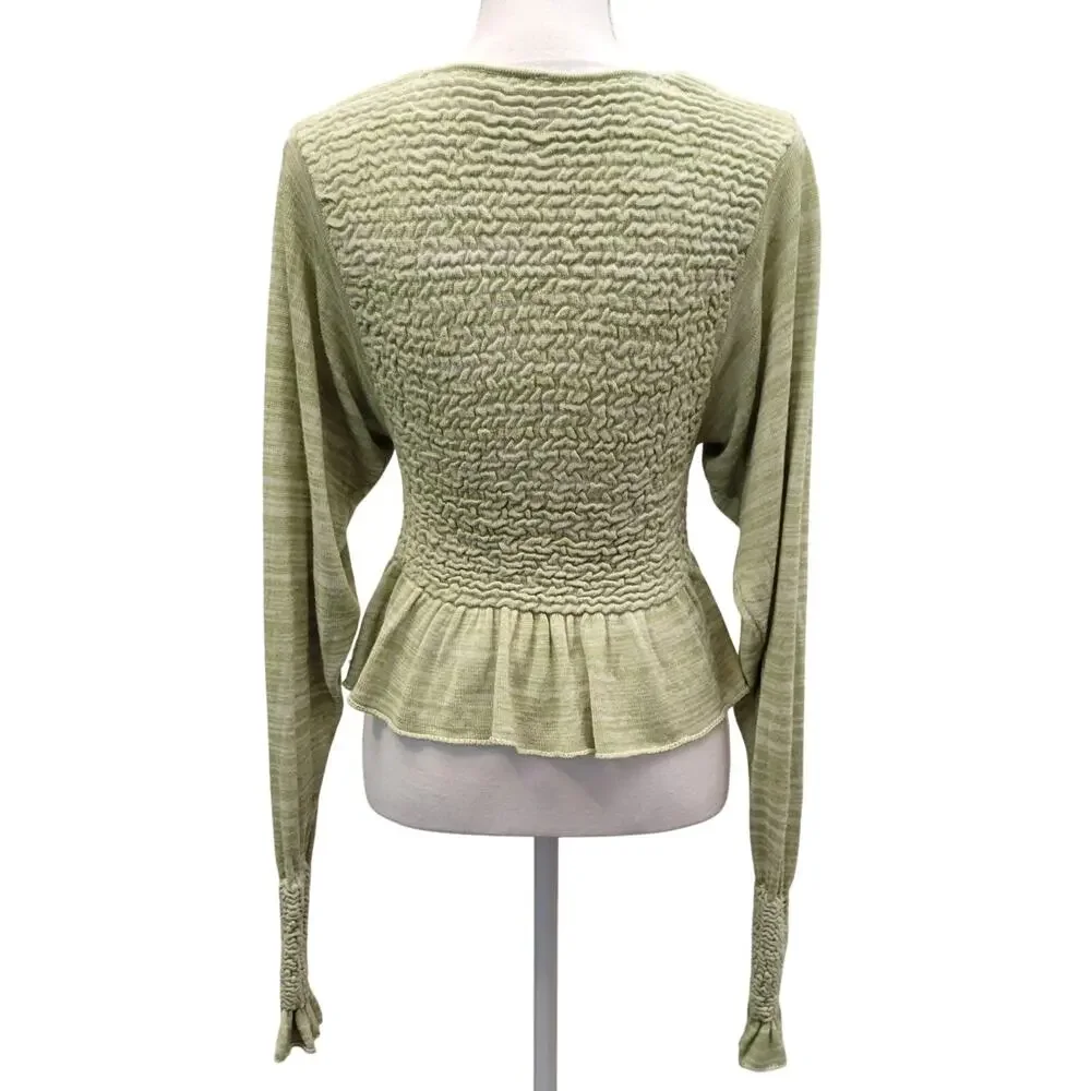 Free People Peplum Top Women's XS Green Free Spirit Long Sleeve Smocked Boho